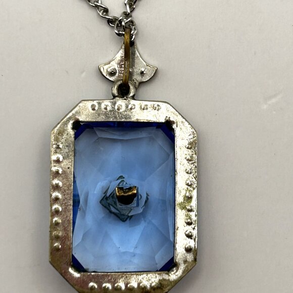 Vintage Art Deco Blue Emerald Cut Glass Pendant Necklace Silver Tone 18” - Picture 5 of 12